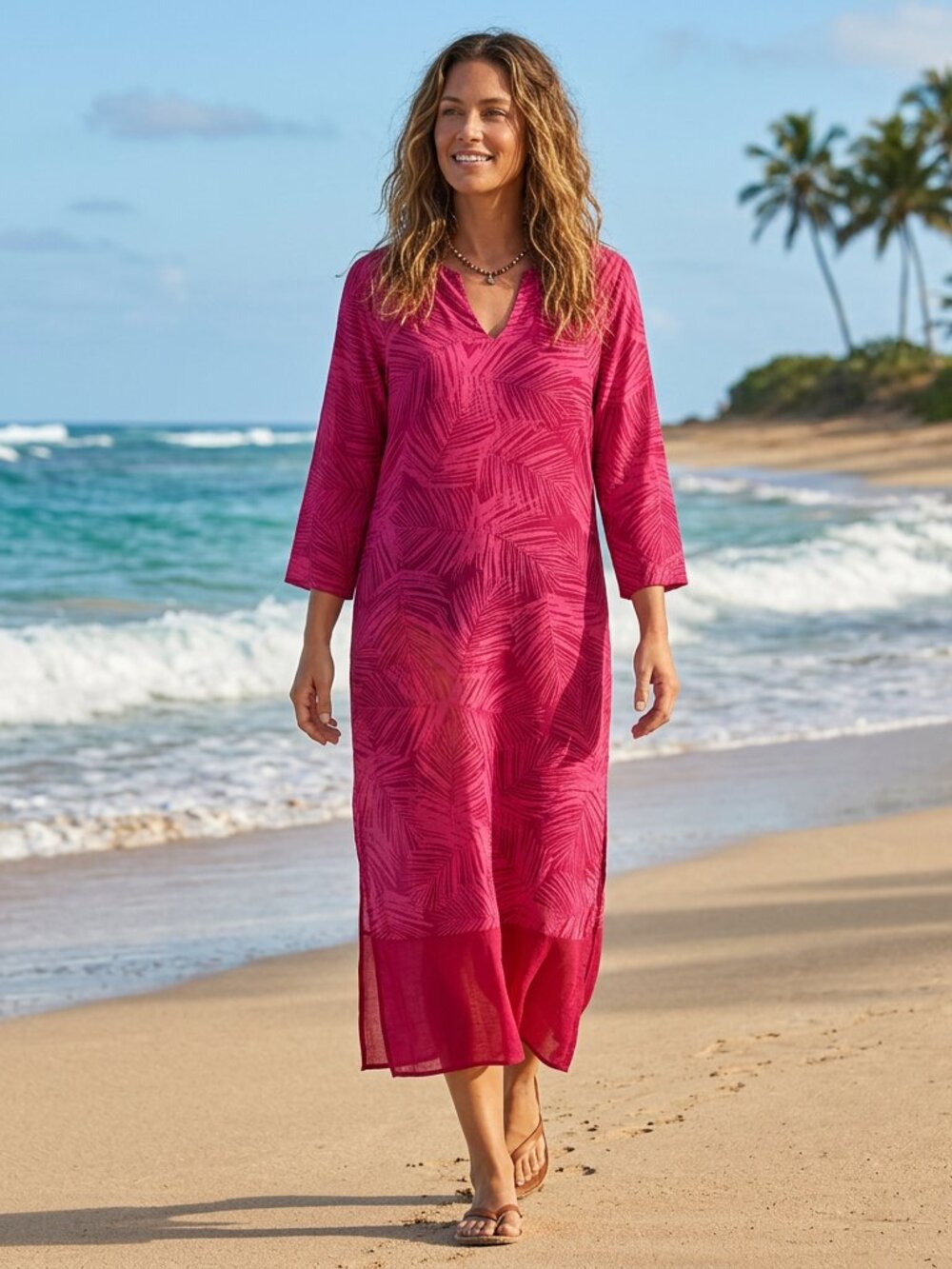 Ocean + Main Los Angeles Burgundy & Pink Tropical Print Cover Up - Size S/M